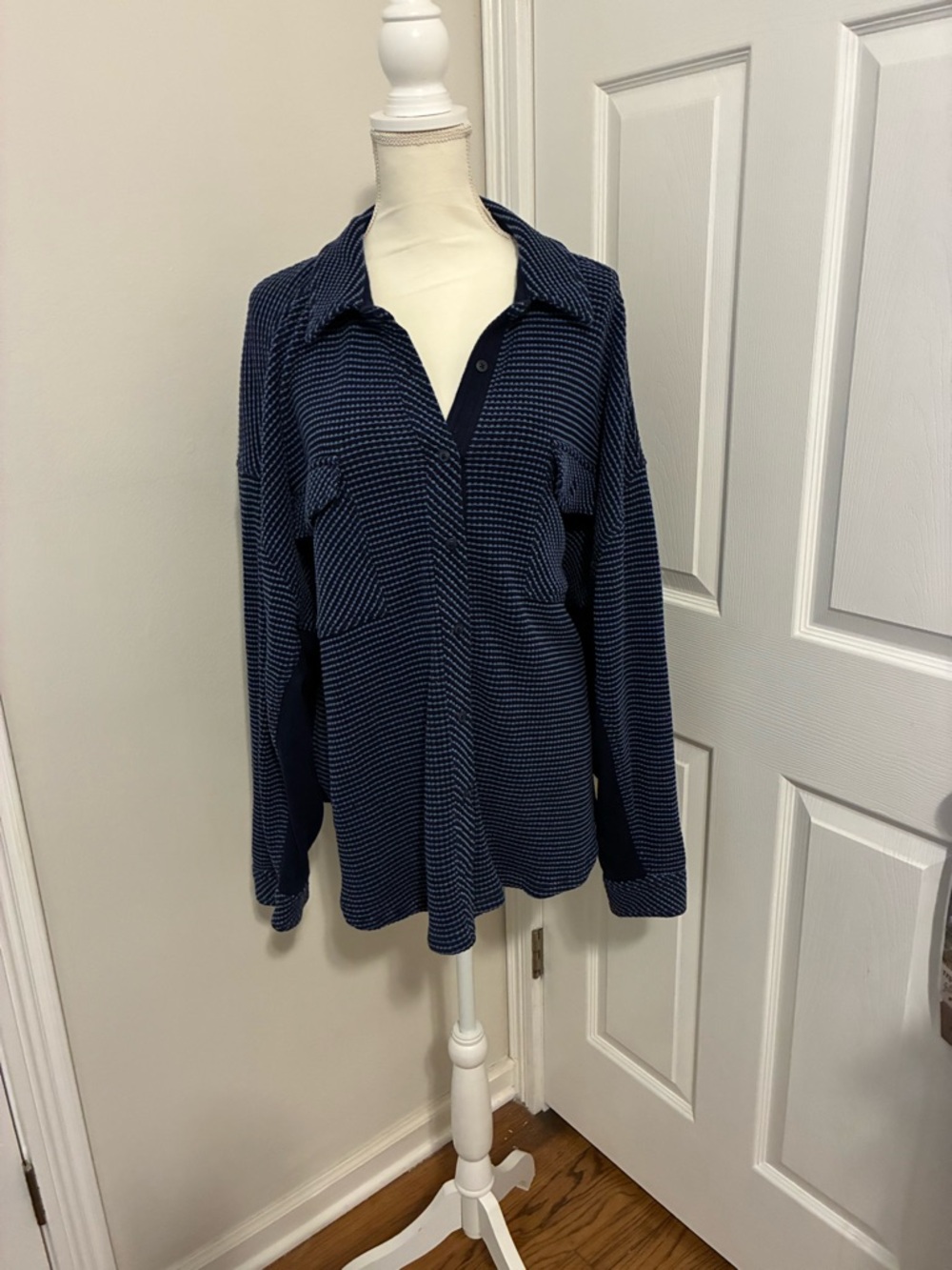 Aerie Cozy Oversized Waffle Knit Button-Up in Navy